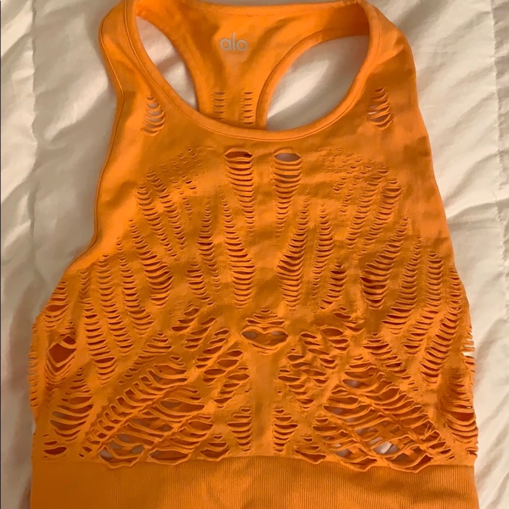 ALO Yoga Orange Distressed Crop Top Size Small